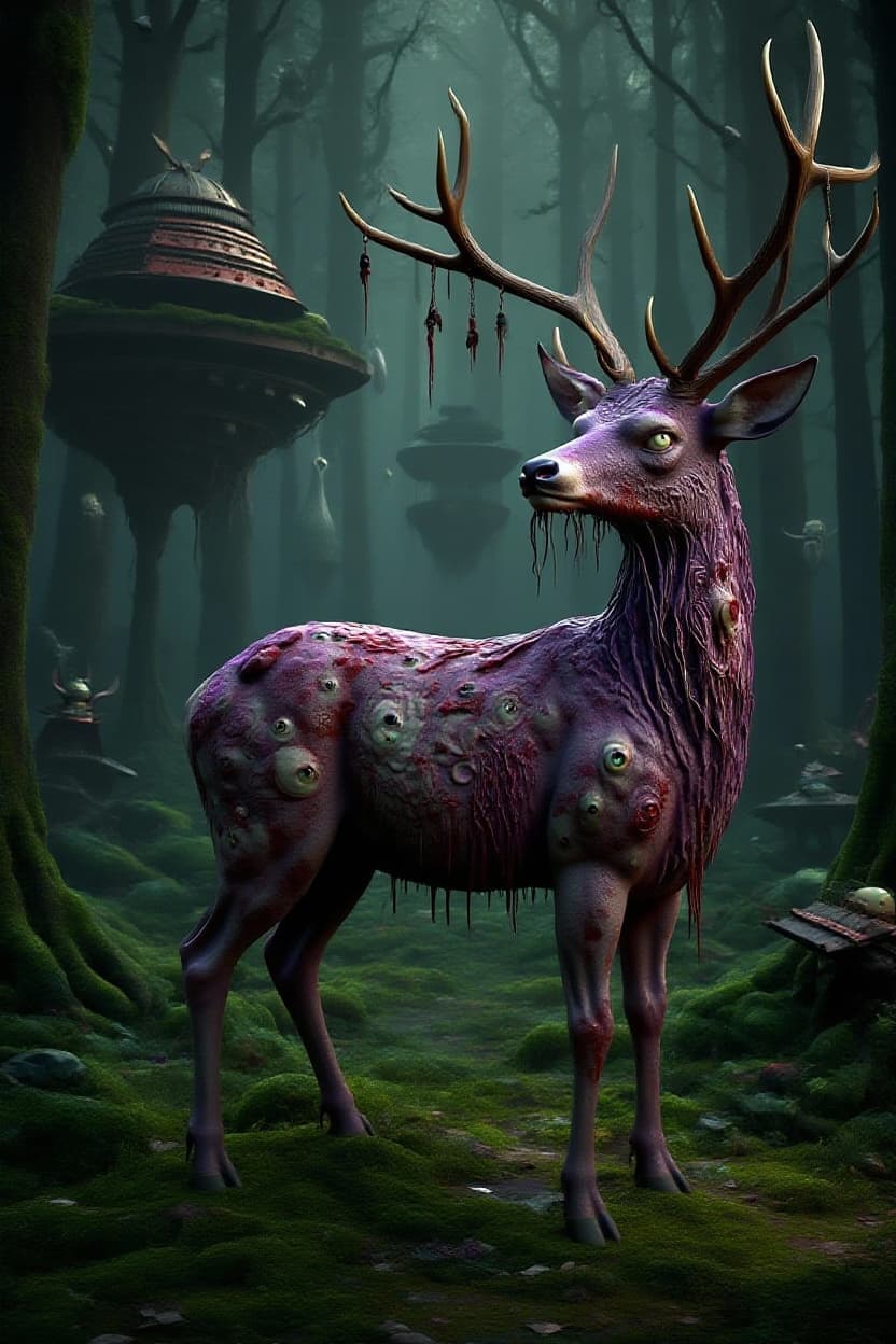 AI generated: "Photorealistic 3D render of a full-length Cthulhu-deer creature in a dark forest. The creature stan...