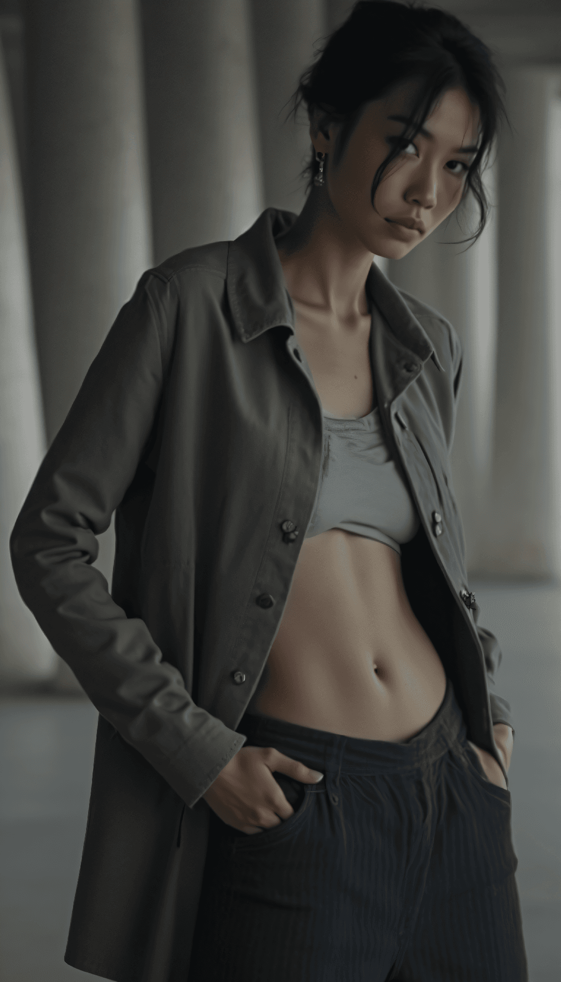 AI generated: pinhole photography, Brutalist high Fashion head shot photo of a 24 year old Tatar-Wolof female fier...