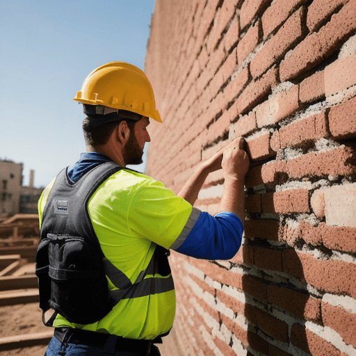 AI generated: Ultra-realistic photograph of a contemporary worker in Spain, building a brick wall on a modern cons...
