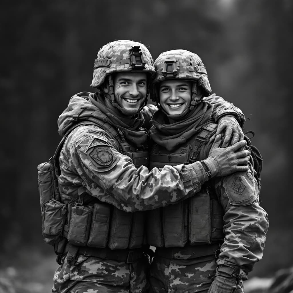 AI generated: army soldier brothers who are friendly in each other's arms, black and white
