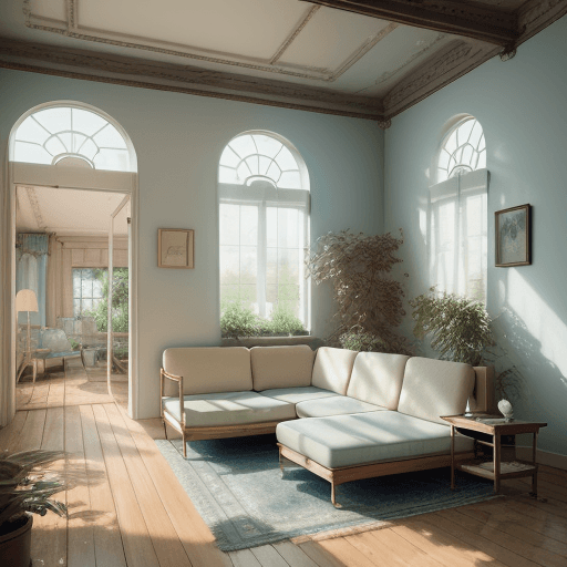 AI generated: High resolution photography interior design, dreamy sunken living room conversation pit, wooden floo...