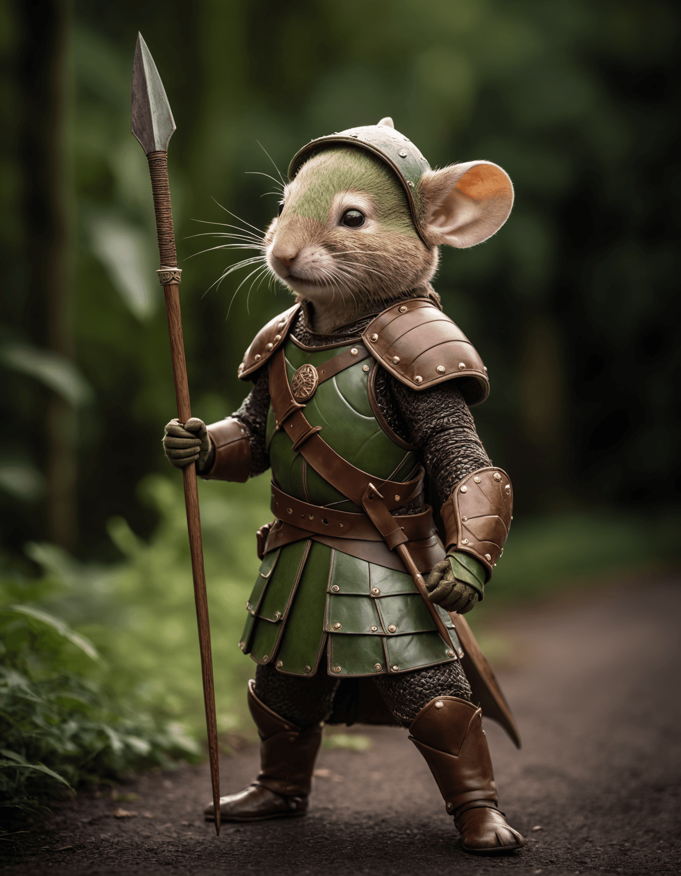 AI generated: cinematic film still awardwinning photo cute green mouse, rust, epic, wearing leather armor, sword a...
