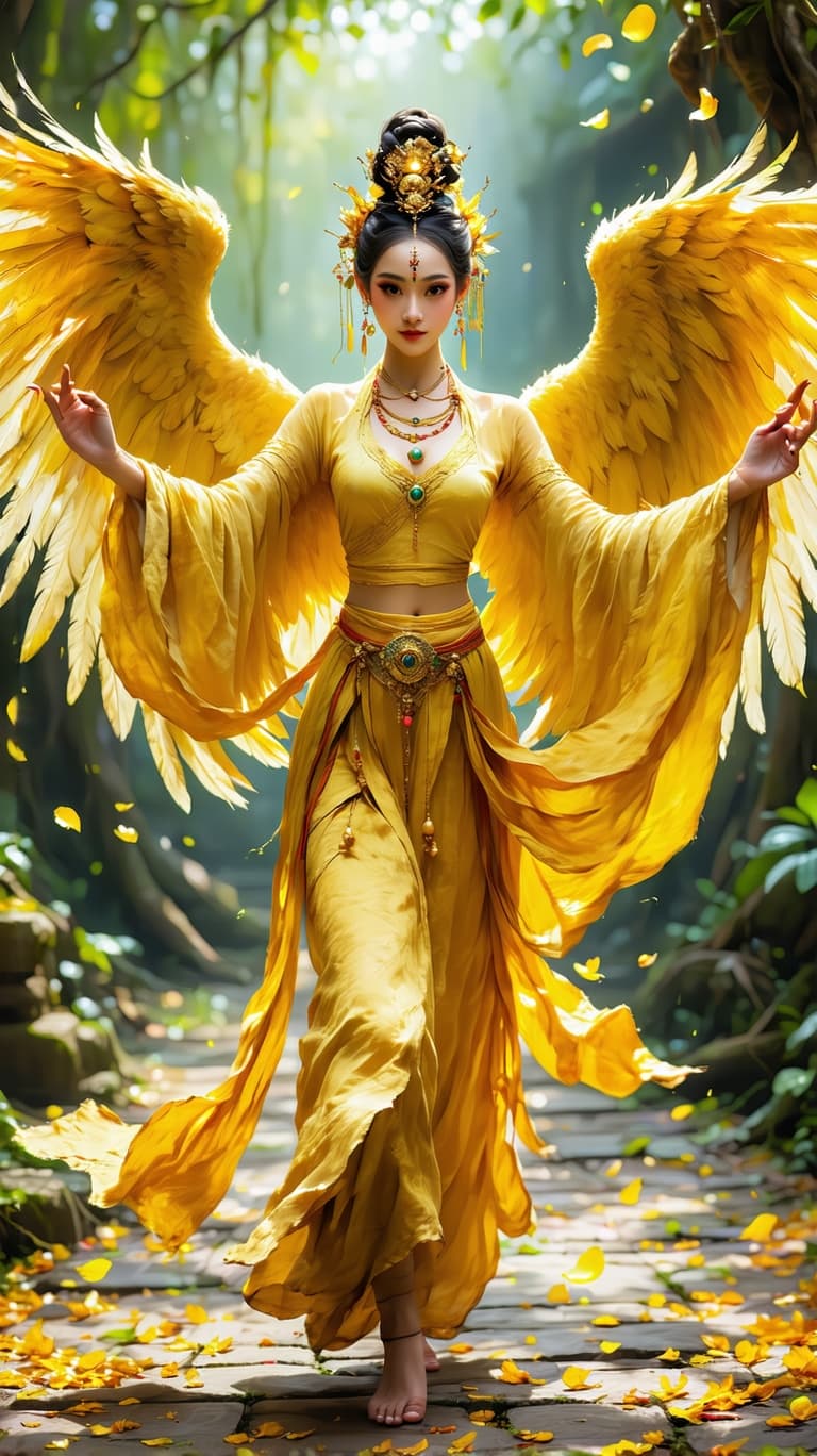 AI generated: An ultra-realistic, wide angle, front facing, full-body portrait of a mesmerizing Dancer in golden t...
