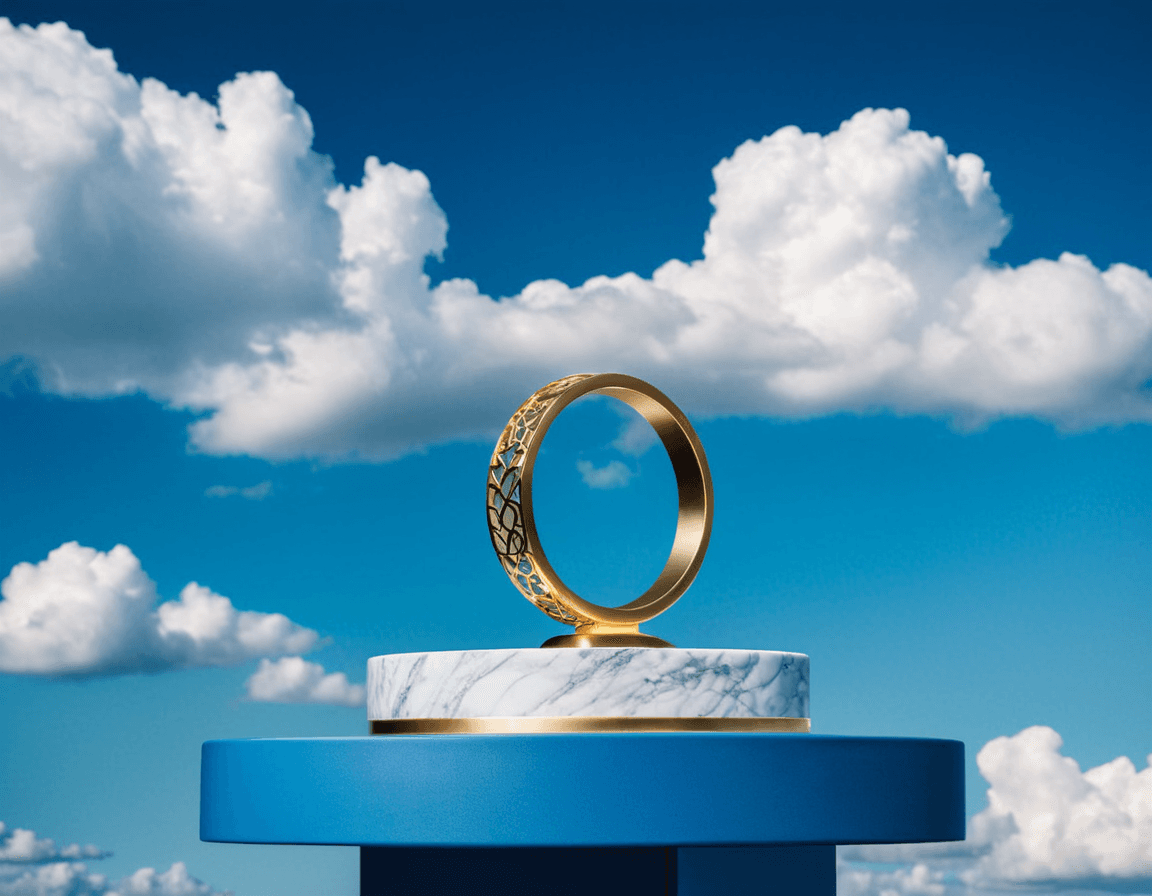 AI generated: Product photography, beautiful blue podium for product, super detalised and fashion, with puffy clou...