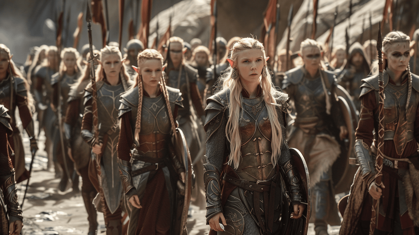 AI generated: A group of challenging male and female elves marching to war from Rivendel, they wear elven armors, ...