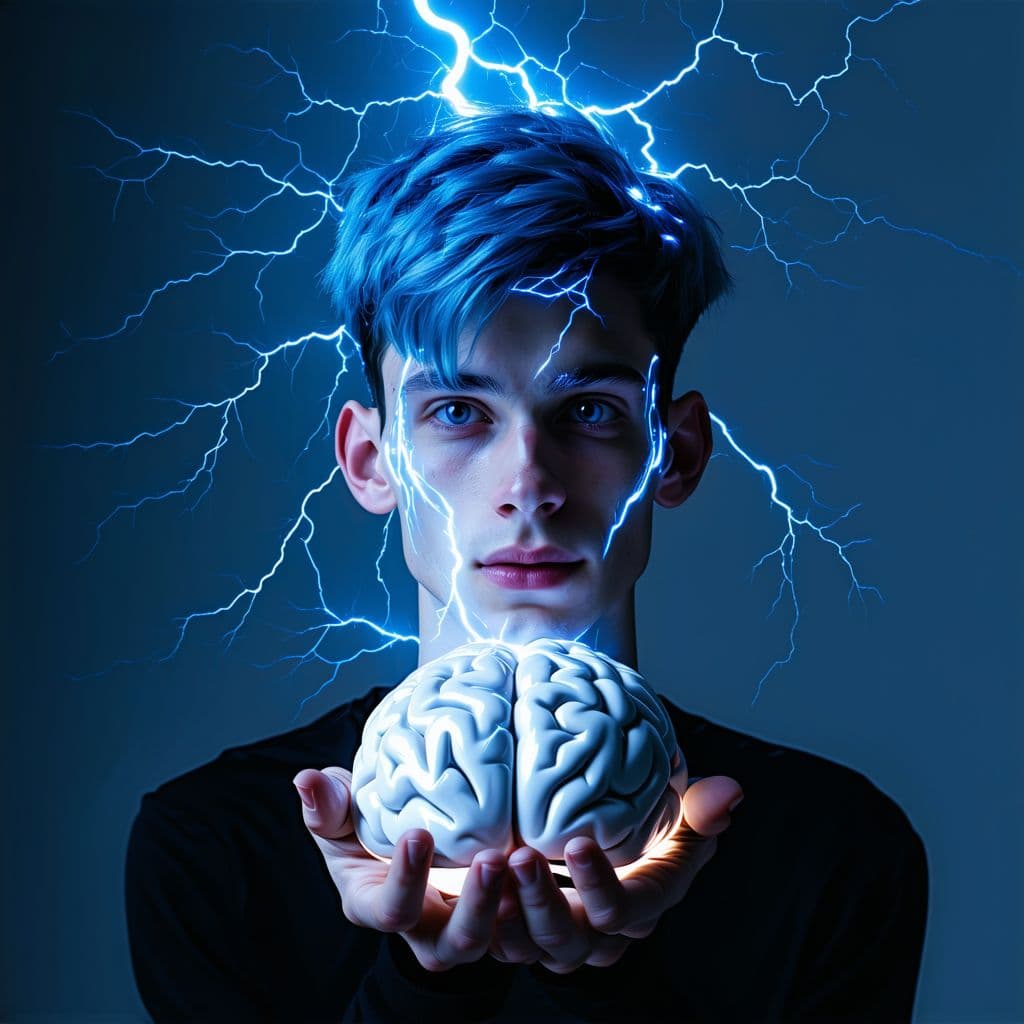 AI generated: a very skinny college age guy, chopped shag of blue hair, no short, bolts of lightning shooting from...