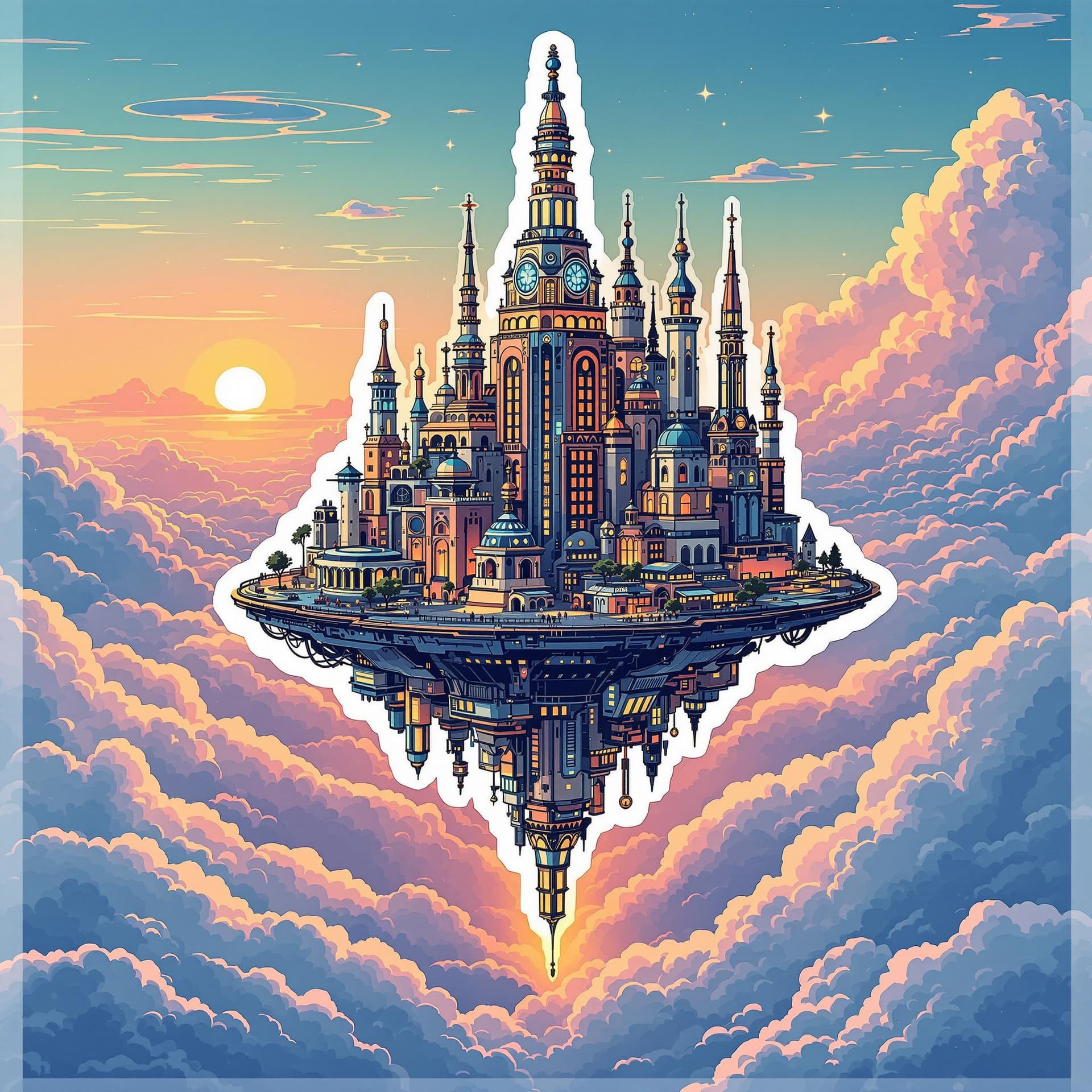 AI generated: "A minimalist yet detailed illustration of a futuristic floating city above the clouds, with glowing...
