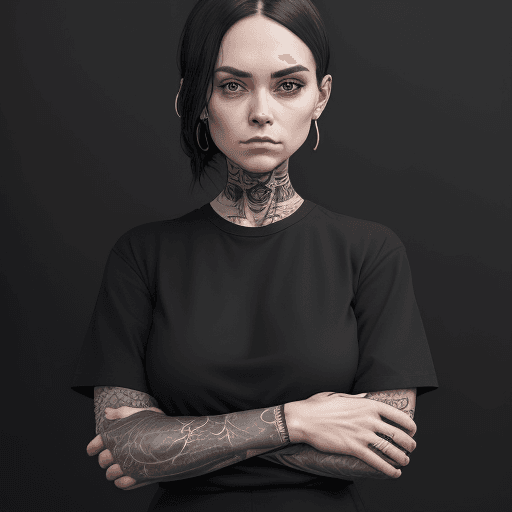 AI generated: a woman in black shirt with her arms folded against , in the style of tattoo, normcore, dark silver ...
