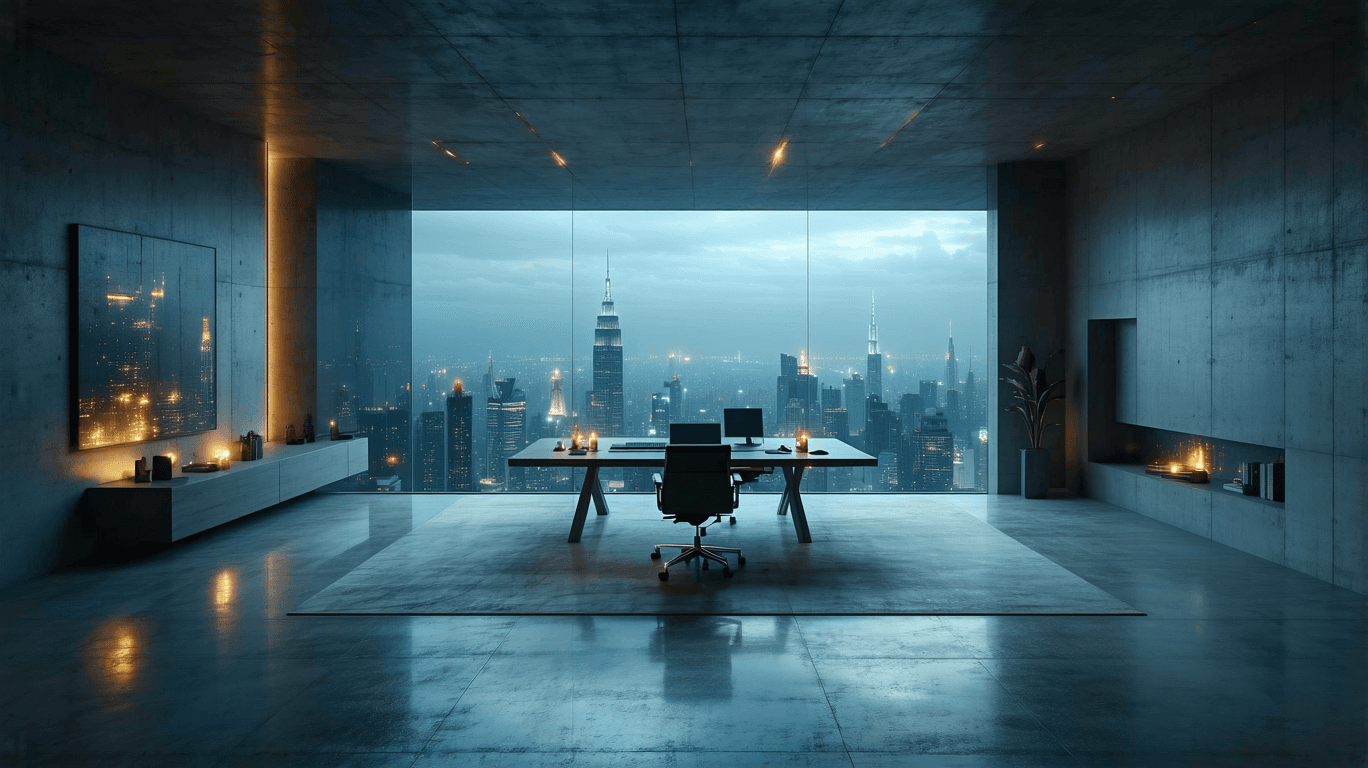 AI generated: Brutalist cyberpunk sanctuary positioned at the summit of a megalopolis, defined by a single expansi...