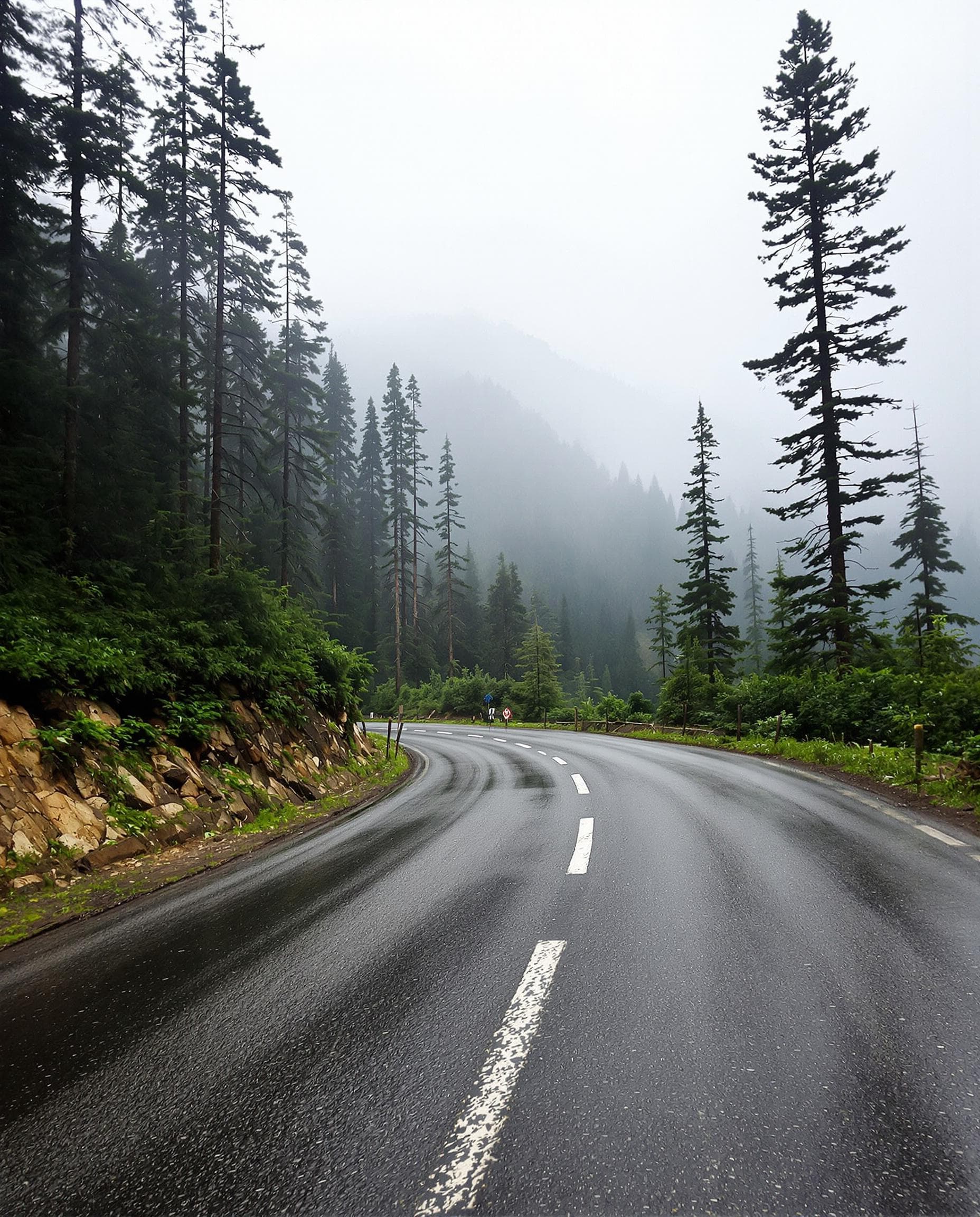 AI generated: A moody and atmospheric mountain road in Uttarakhand, India, winding through a dense forest of tall ...