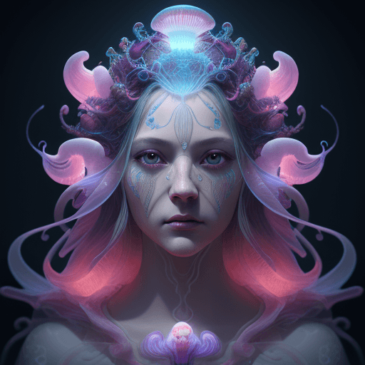 AI generated: Goddess close-up portrait ribcagel. jellyfish phoenix head, nautilus, orchid, skull, betta fish, bio...