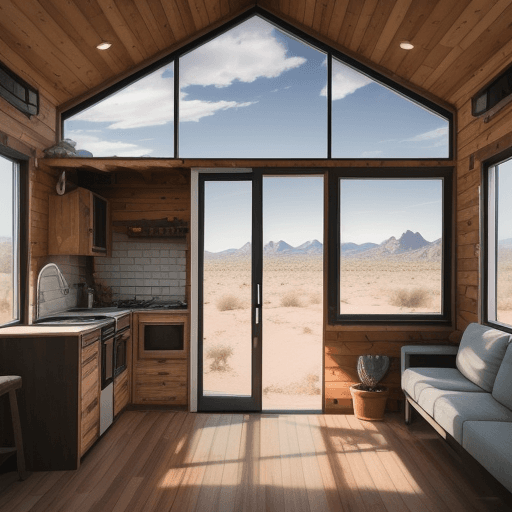 AI generated: exterior, square 20'x20' tiny home, appliances, solar powered, dreamy big windows, architecture, des...