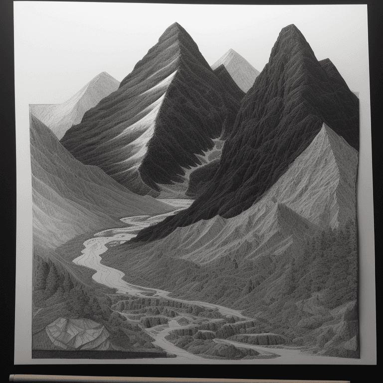 AI generated: Black and white, technical drawing, concept art, block printing, black background, illustrating a mo...