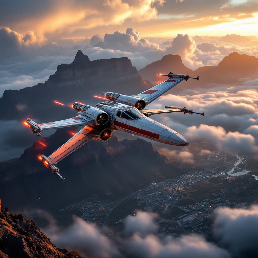 AI generated: Create star wars X wing fighter flying over Cape Town table mountain