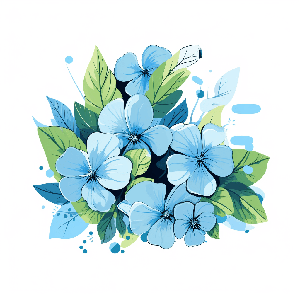 AI generated: Blue flowers and green leaves, svg vector vibrant flat, watercolor style, art by Carlos Cruz-Diez, t...