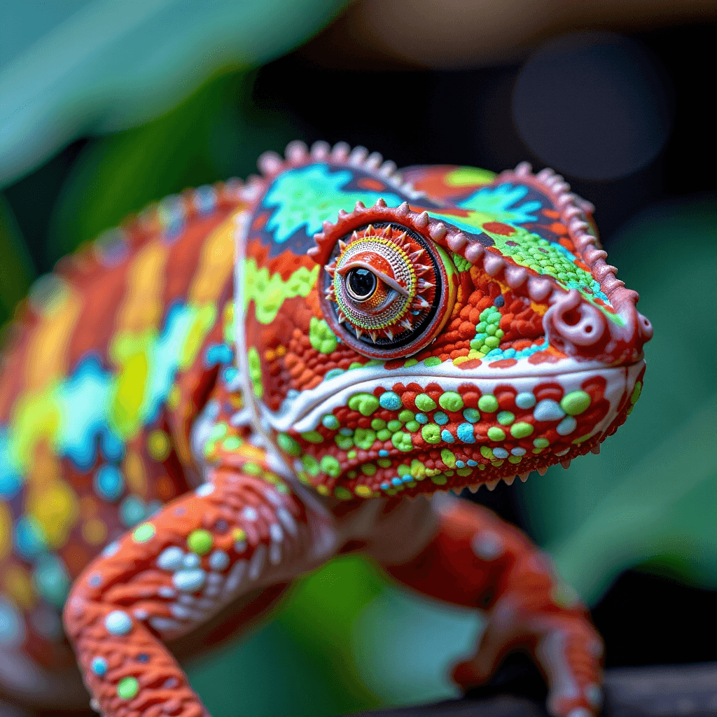 AI generated: A close-up of a chameleon, its skin a vibrant, shifting pattern of colors, nature photography <lora:...