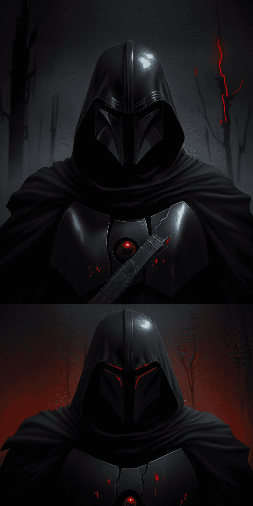 AI generated: evil, dark, psycho, Mandalorian, ominous atmosphere, mysterious figure, glowing red eyes, menacing p...