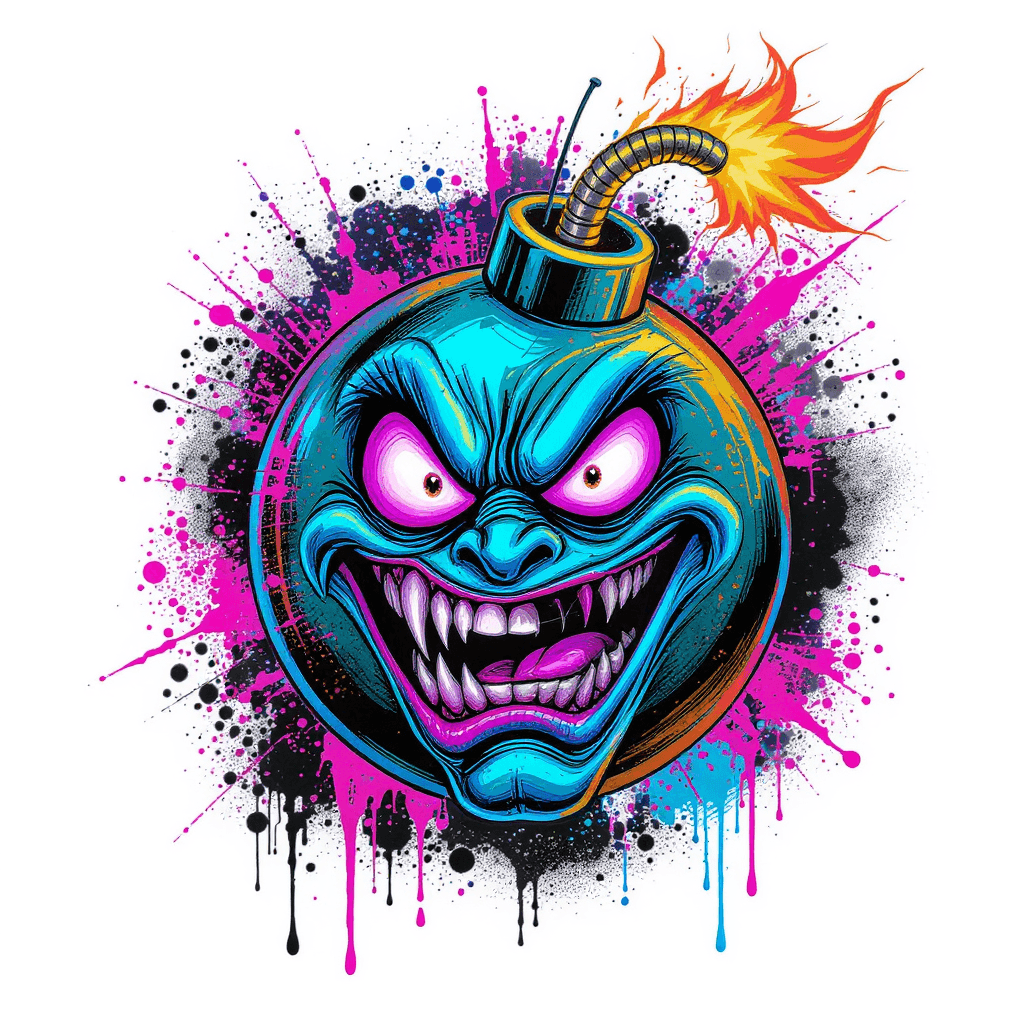AI generated: A crazy cartoon bomb character with a lit burning fuse, wild psycho expression, maniac smile, street...