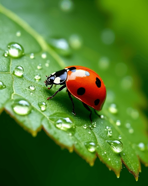 AI generated: Create a hyper realistic 8k, full focus, photograph capturing a vibrant red ladybug with black spots...