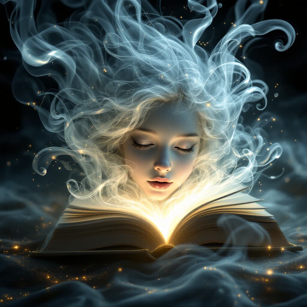 AI generated: "Ethereal ghostly book, from its glowing golden pages rises the delicate, spectral face of a young g...
