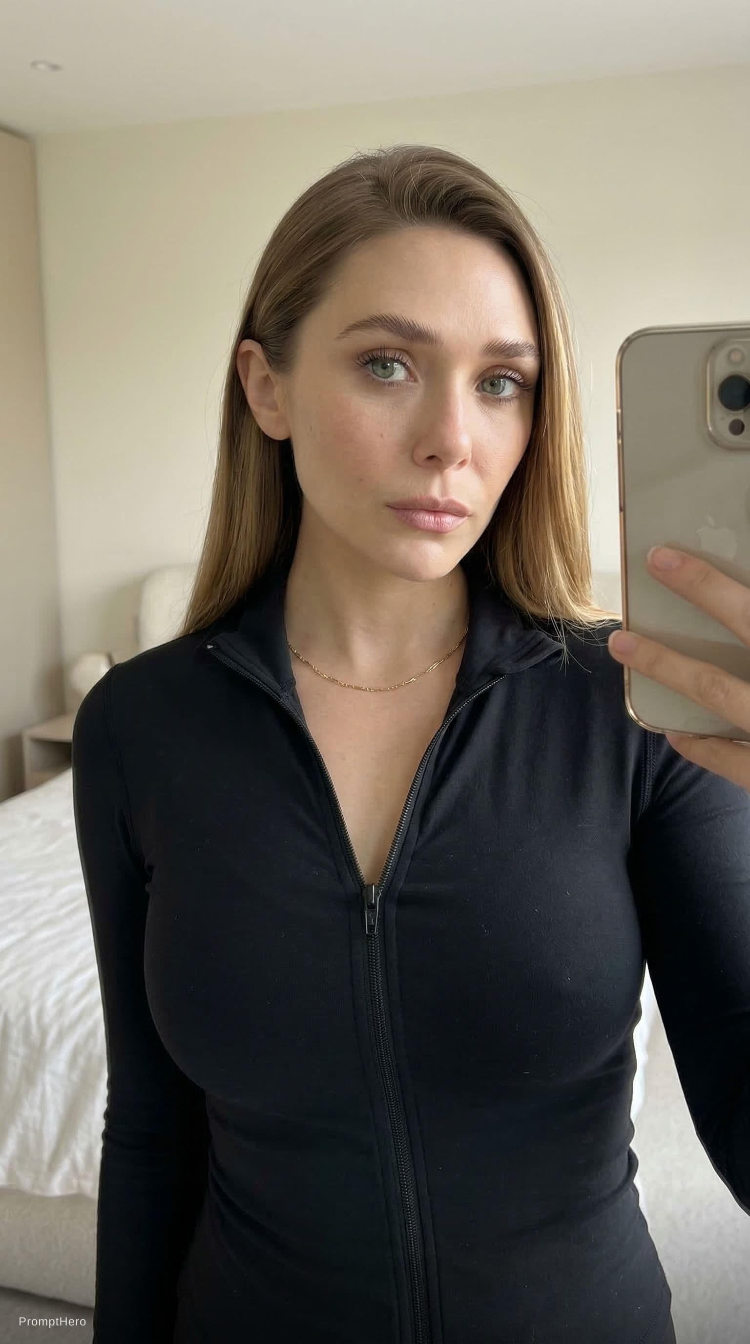 AI generated: Candid iPhone front camera selfie of a young adult looking woman indoors.
Arm’s-length selfie, sligh...