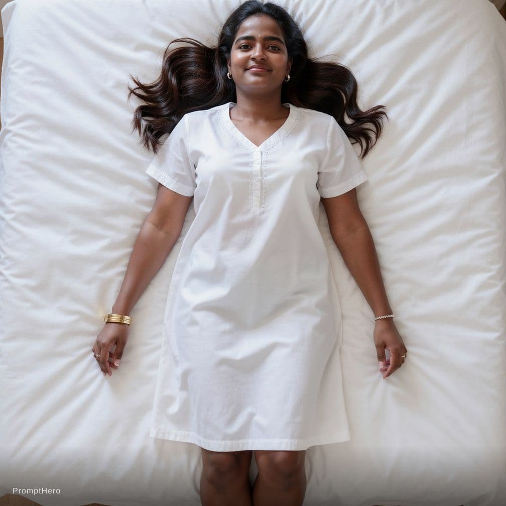 AI generated: Create a high-resolution photograph of a fit adult woman lying on her back in a bed covered with pri...