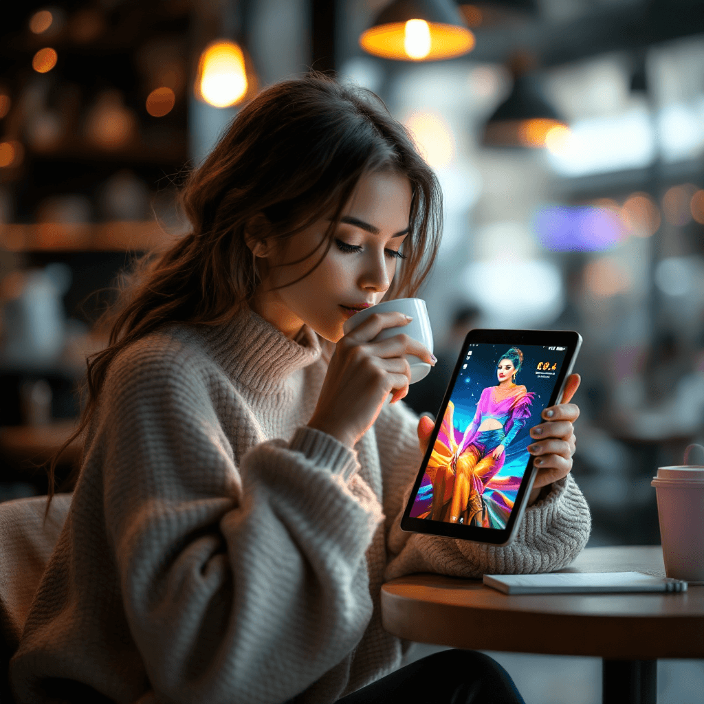 AI generated: Design a hyper-realistic scene of a photorealistic stunning woman sitting at a modern coffee shop, h...