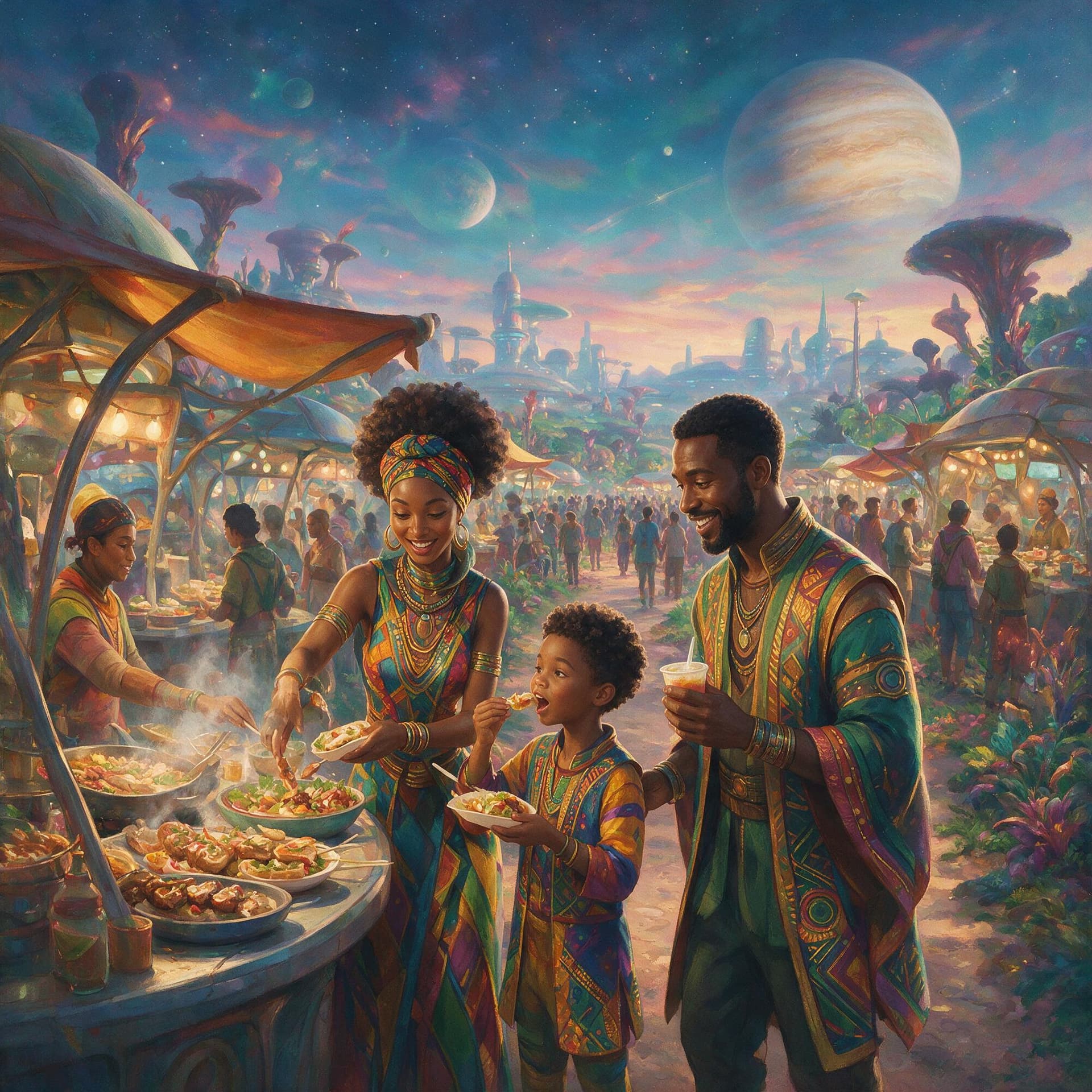 AI generated: Create an image with airbrushed, painterly, vibrant colors, a sci-fi image of a brown-skinned family...