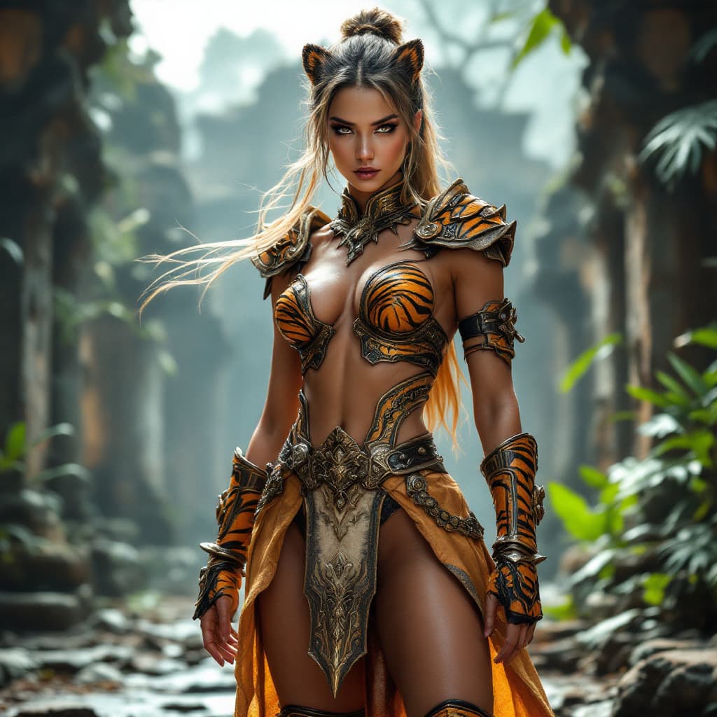 AI generated: (tiger-inspired armor design:1.5), a fierce and stylish concept for women, professional photoshoot, ...