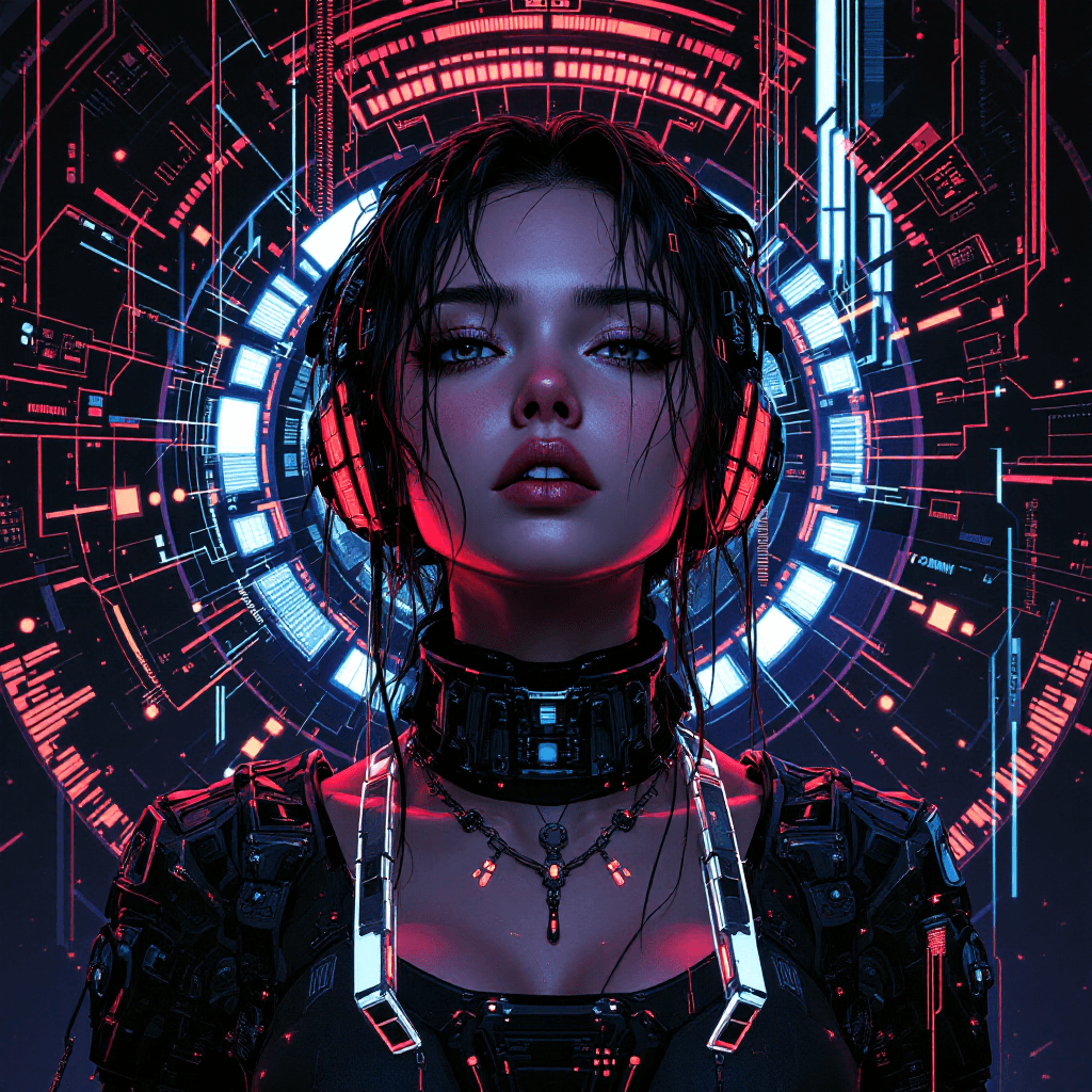 AI generated:  Portrait of a futuristic cyberpunk rebel leader, girl, centered, adorned with revolutionary tech, i...