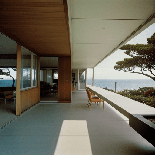 AI generated: Hyper realistic eye level exterior photo of a mid century modern style house overlooking the ocean, ...