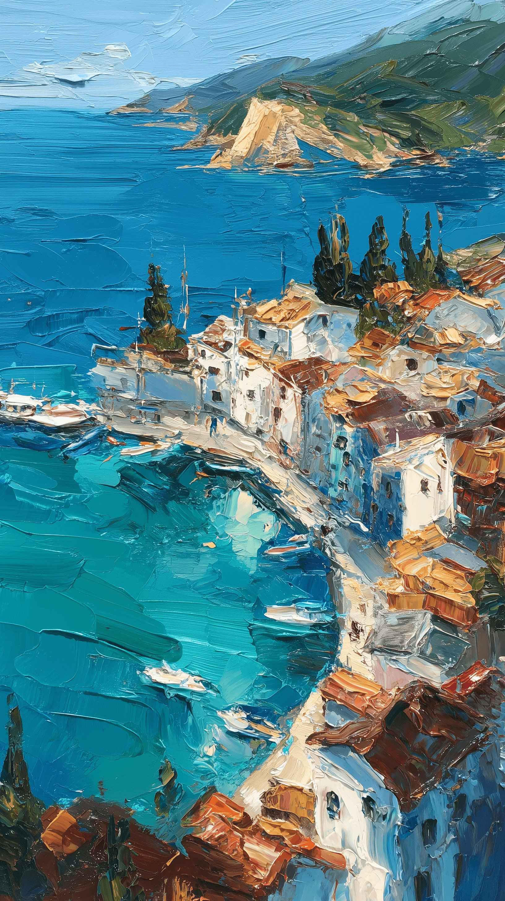 AI generated: oil painting, on canvas, palette-knife impressionism, high oblique bird’s-eye composition with sweep...