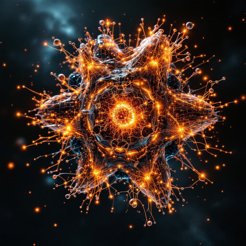AI generated: A hyper-detailed, glowing visualization of a Sophon — a highly advanced, intelligent subatomic parti...