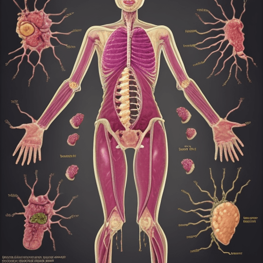 AI generated: All human body with head, legs, hands ans so on and cancer sells in liver. Imun cells eat them. Make...