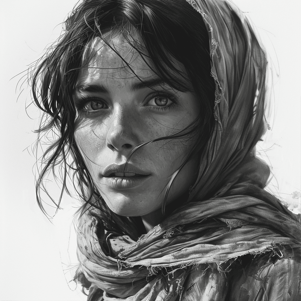 AI generated: a pencil drawing of a girl wearing a shawl, in the style of dmitry spiros, 8k resolution, intricatel...