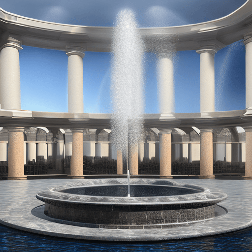 AI generated: Create an image of a round fountain 8meter wide with eight water jets on the edge distributed equall...