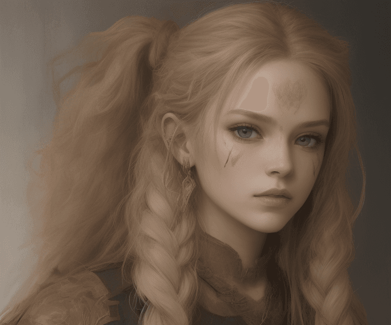 AI generated: Viking warrior woman with braided hair, wearing war paint on her face, gold accessories in her long ...