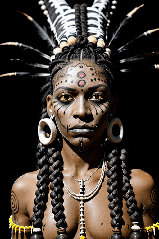 AI generated: one female, one male  voodoo priests, all three visible, dark brown skin, faces painted white and bl...
