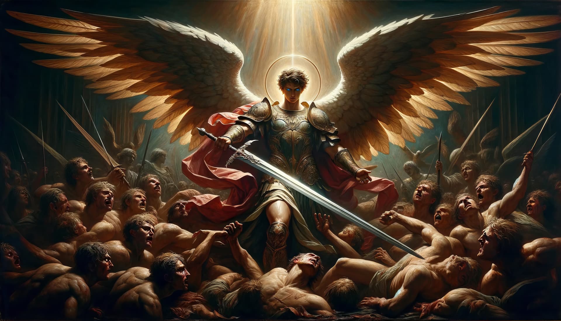 AI generated: Archangel Michael should be depicted with an even more commanding presence, his enemies more vividly...