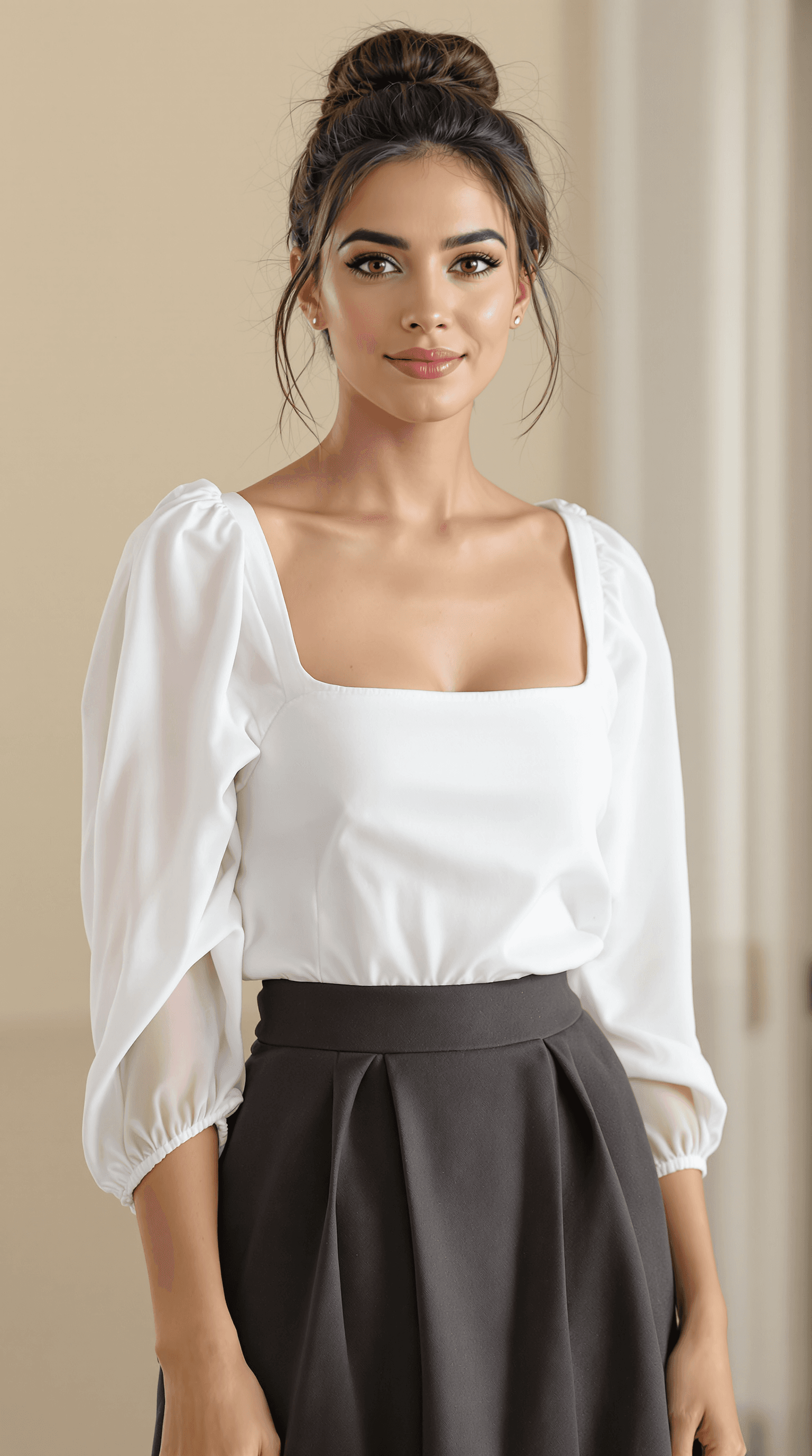 AI generated: A British Caucasian woman stands with a poised and confident posture. She is 5'7" tall, with long, s...