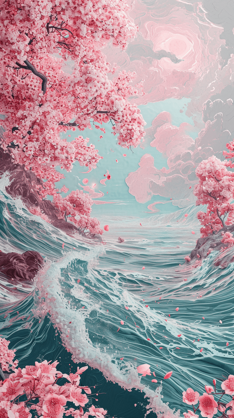 AI generated: a painting depicts pink cherry blossoms on the waves, in the style of #screenshotsaturday, light cya...