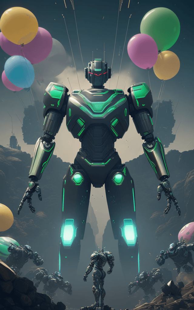 AI generated: a close up of a poster with great robot warrior , have strong body ,stands after the battle, looking...