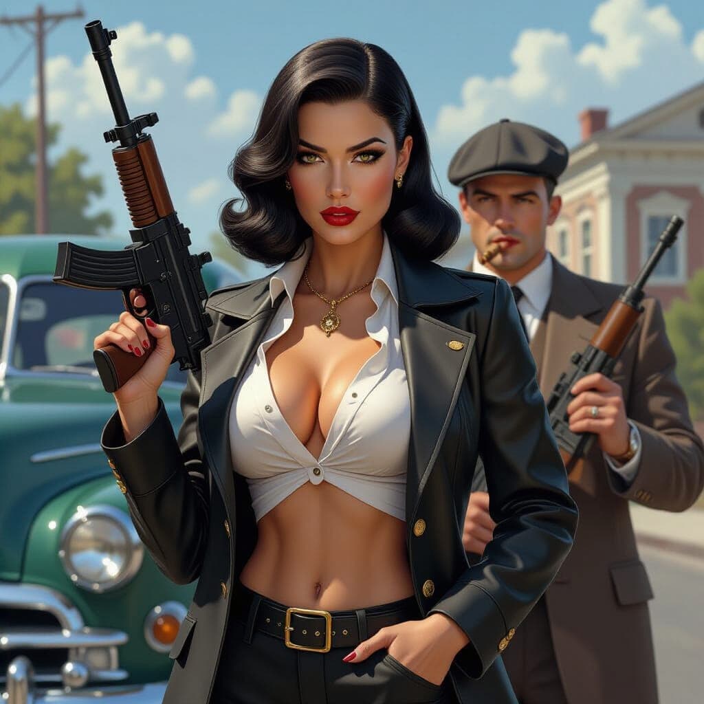 AI generated:  Hyper realistic picture of a stunning, thin black haired 1940s ganster, her jacket and shirt is unb...
