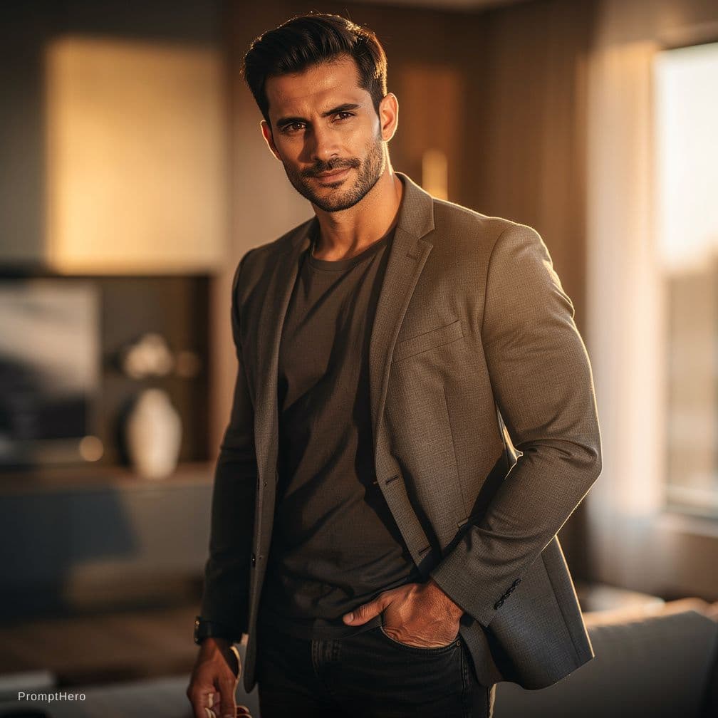 AI generated: Hot, attractive dark‑haired man with a confident, sexy expression, sharp jawline, fit physique, warm...