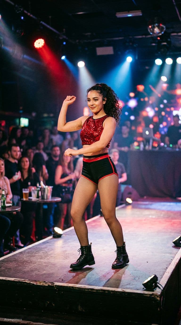 AI generated: 18 year old, stripper, nightclub, topless, red thong, cameltoe, front view