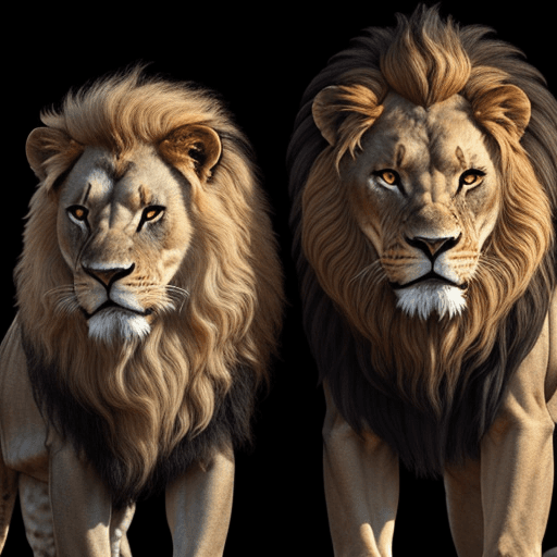 AI generated: a male lion and a female lion, on a black background, ultra realistic, 8K