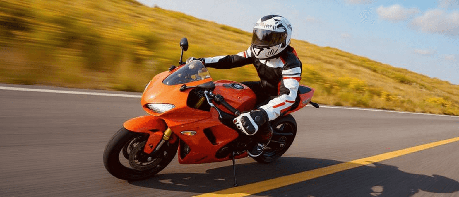 AI generated: photography, dynamic portrait of this biker and same bike, vibrant orange and deep blue motion blur ...