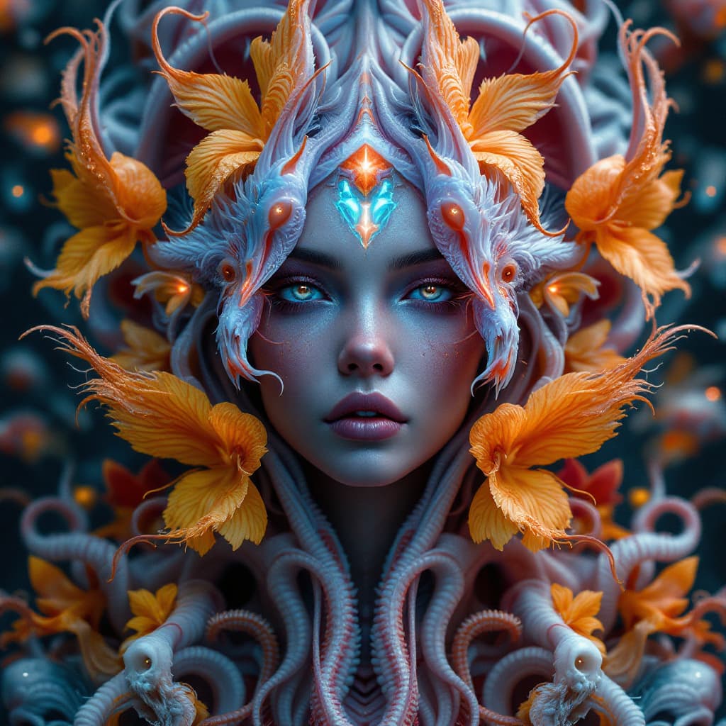 AI generated: Goddess close-up portrait ribcagel. jellyfish phoenix head, nautilus, orchid, skull, betta fish, bio...