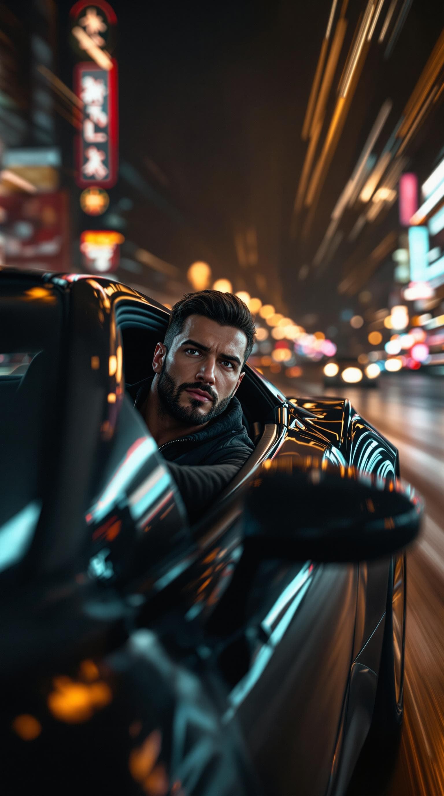 AI generated: A hyper-realistic, cinematic scene of a man driving a sleek, black Lamborghini through a dark, midni...