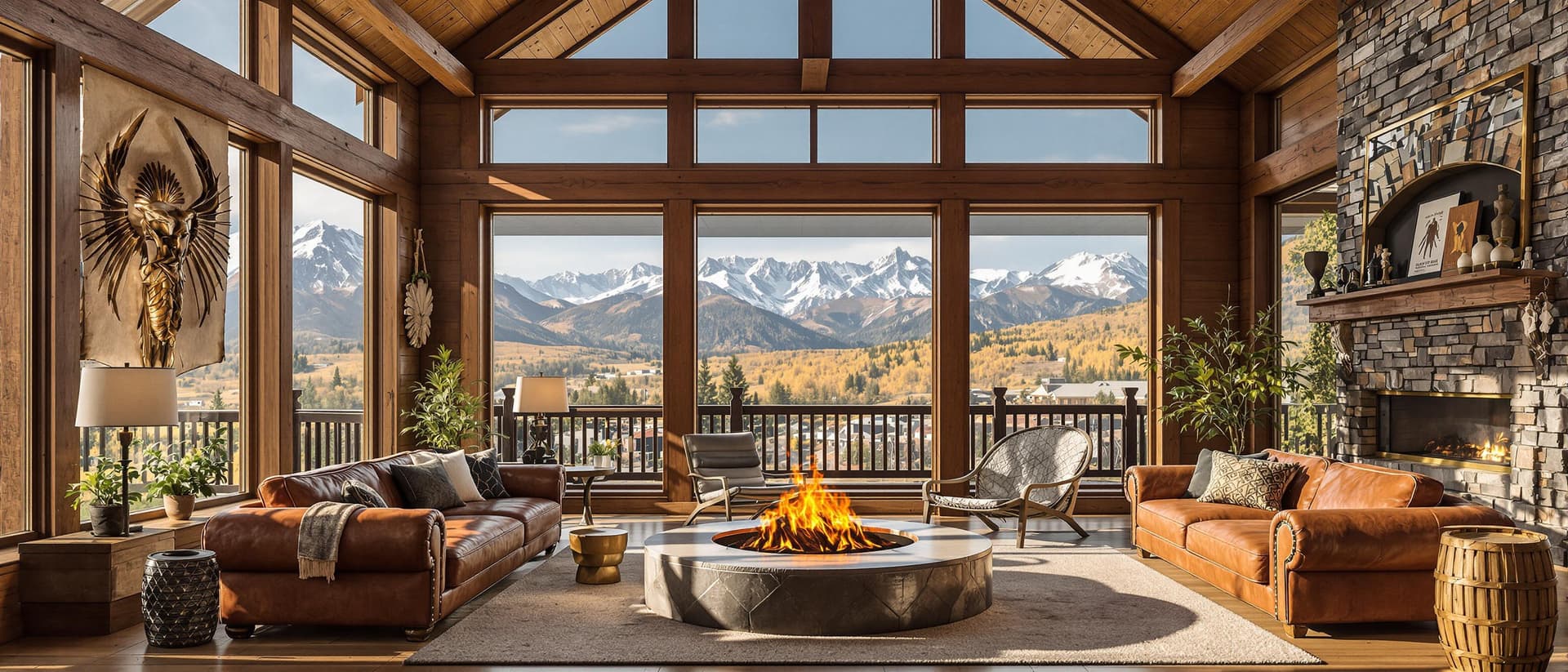 AI generated: High resolution photography interior design, dreamy western living room conversation pit, wooden flo...